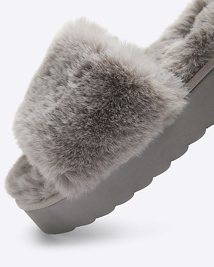 Grey faux fur open toe platform slippers