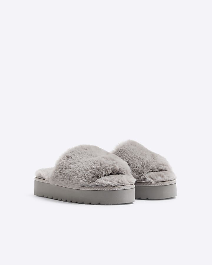 Grey faux fur open toe platform slippers