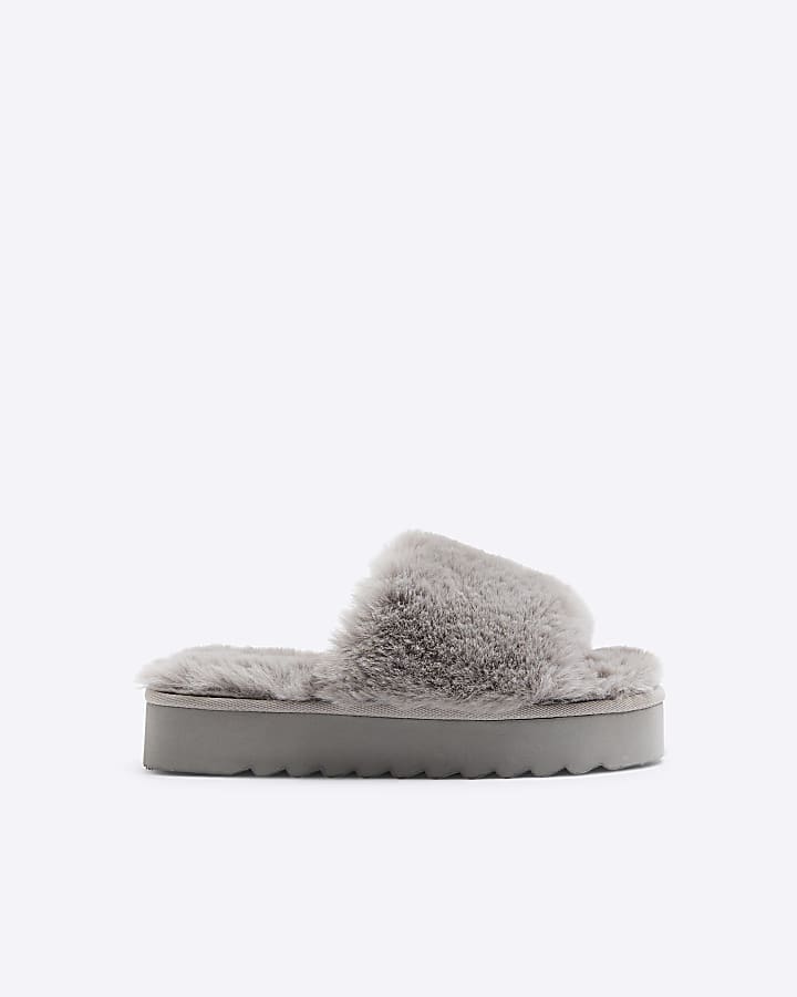 Grey faux fur open toe platform slippers