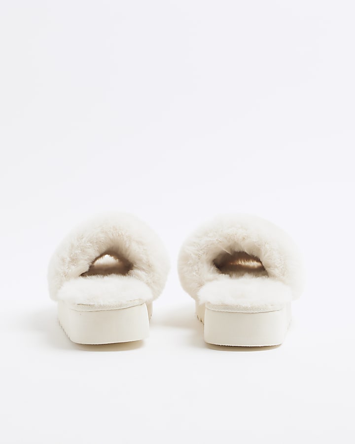 Cream faux fur open toe platform slippers
