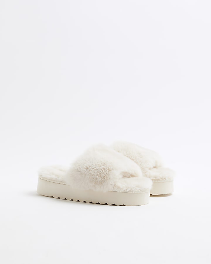 Cream faux fur open toe platform slippers