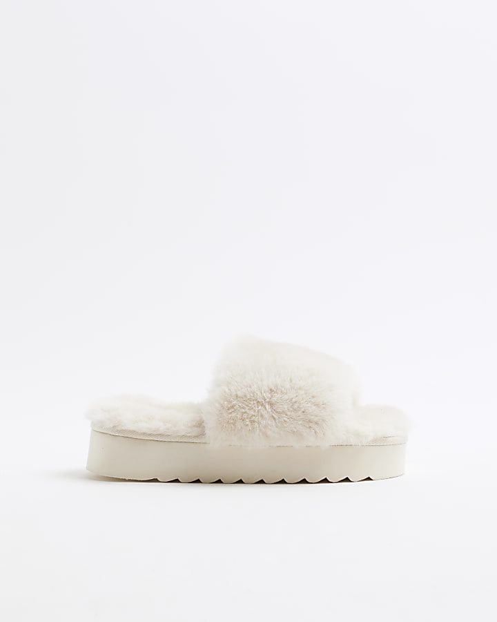 Cream faux fur open toe platform slippers