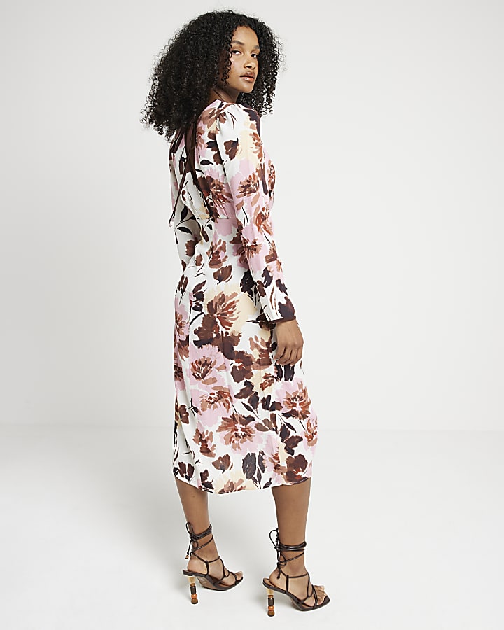 Pink abstract floral bodycon midi dress