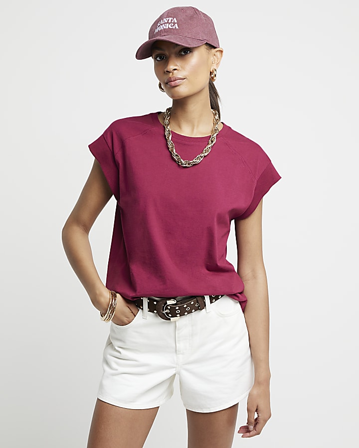 Red ribbed detail t-shirt