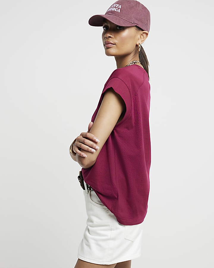 Red ribbed detail t-shirt