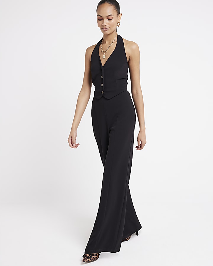 Black Halter Neck Waistcoat Jumpsuit