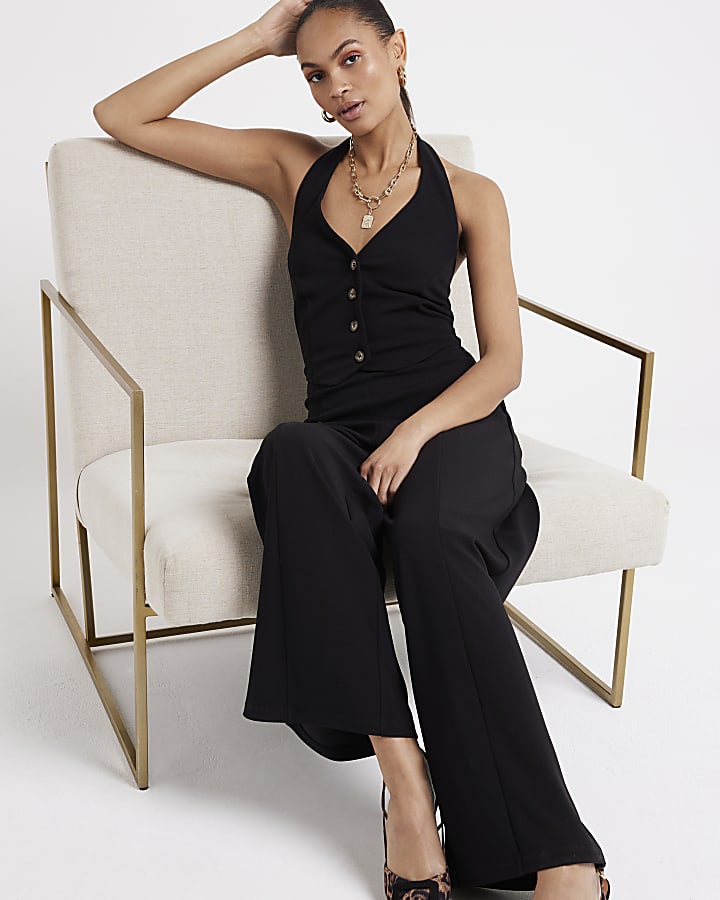 Black Halter Neck Waistcoat Jumpsuit