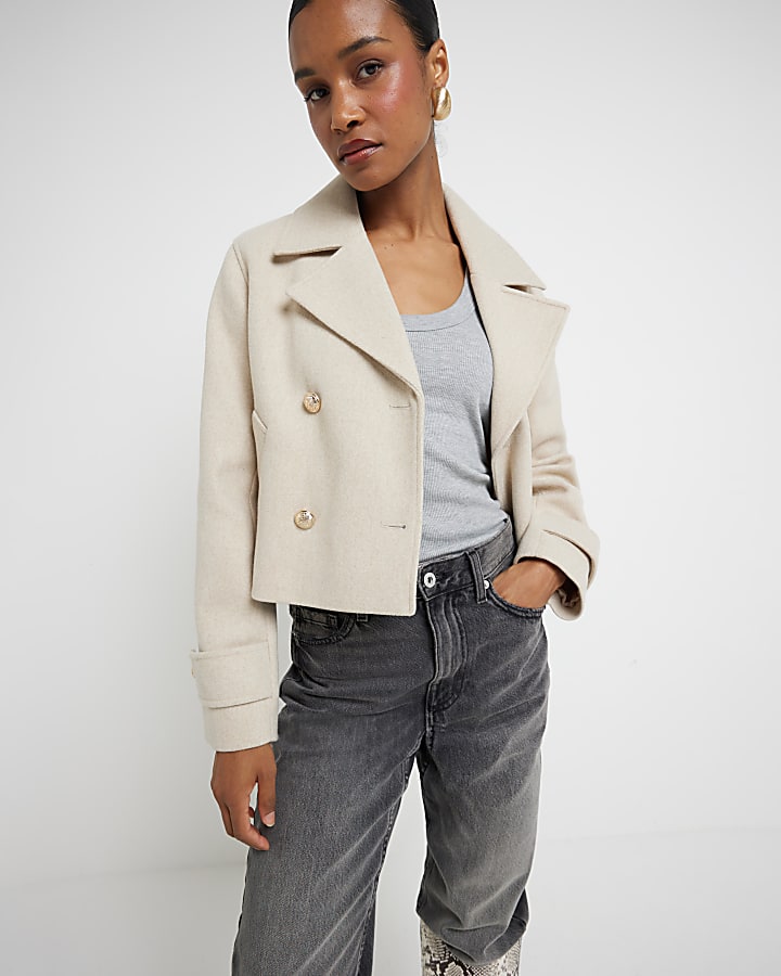 Beige cropped trench jacket River Island