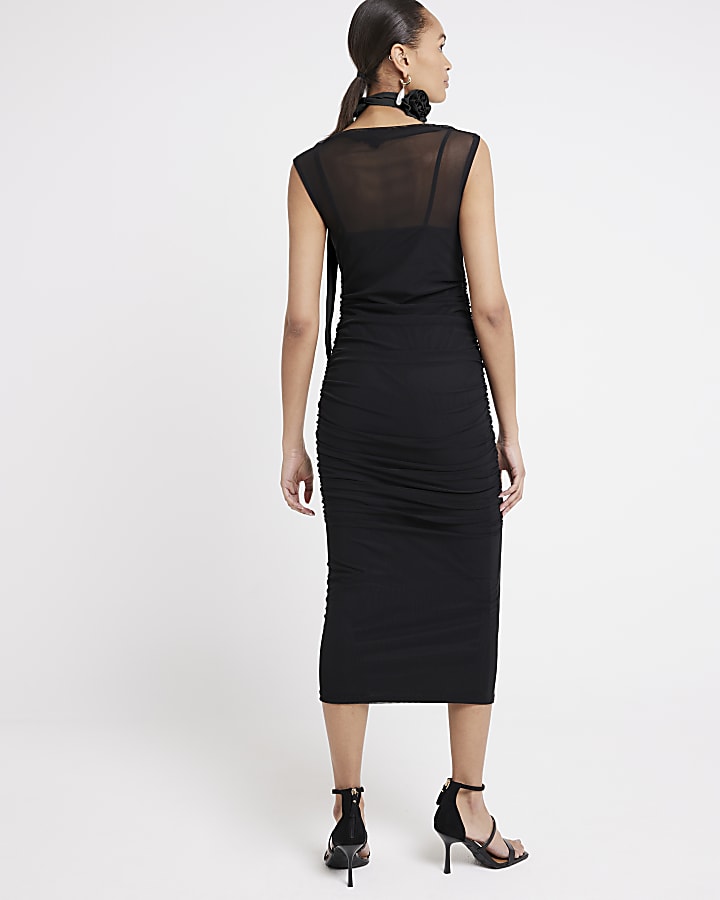 Black mesh ruched bodycon midi dress