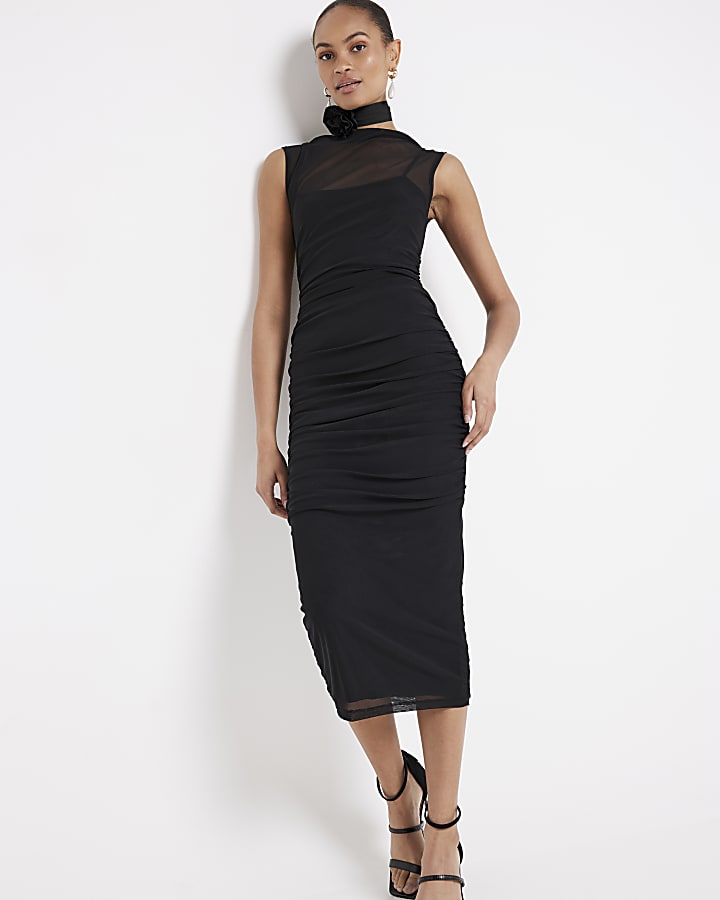 Black mesh ruched bodycon midi dress