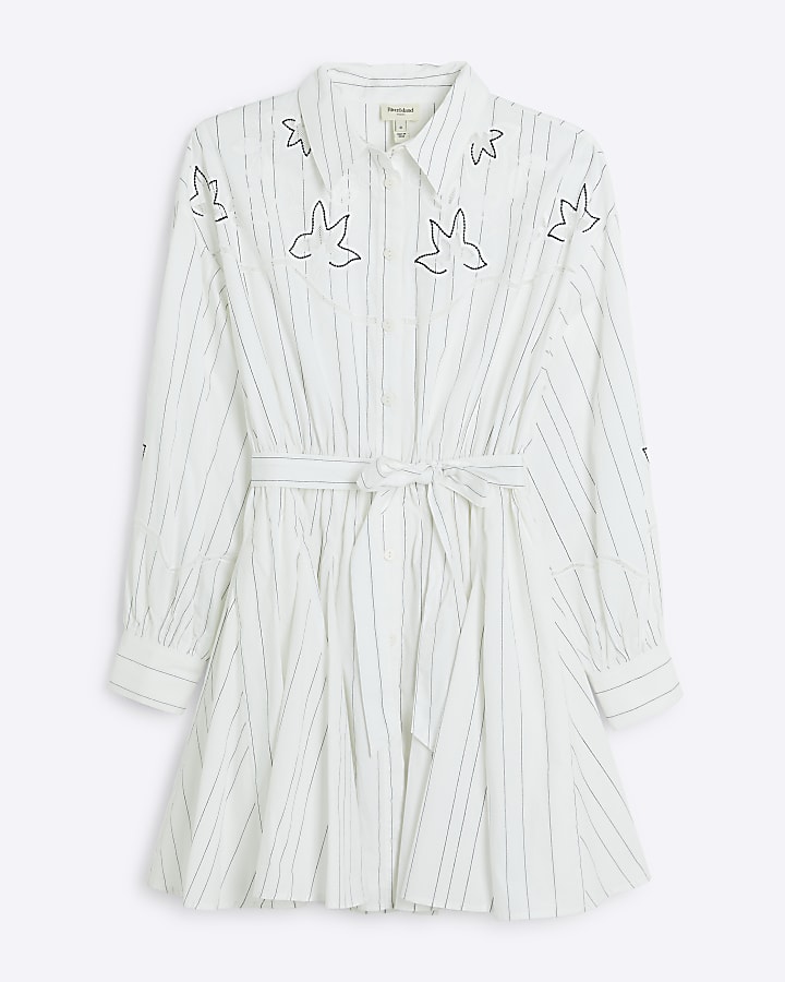 Cream stripe broderie detail mini shirt dress