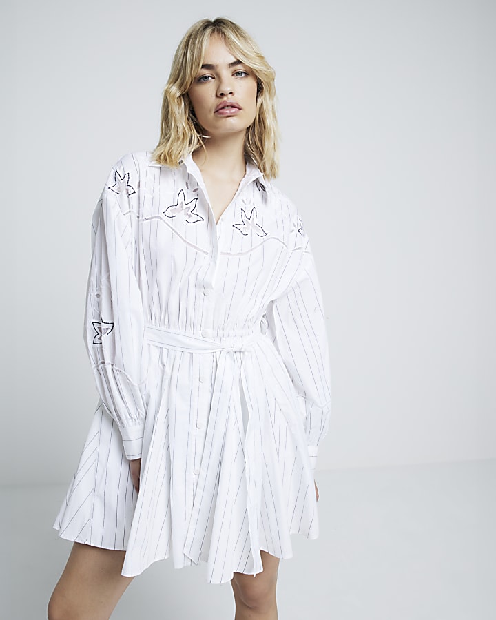 Cream stripe broderie detail mini shirt dress