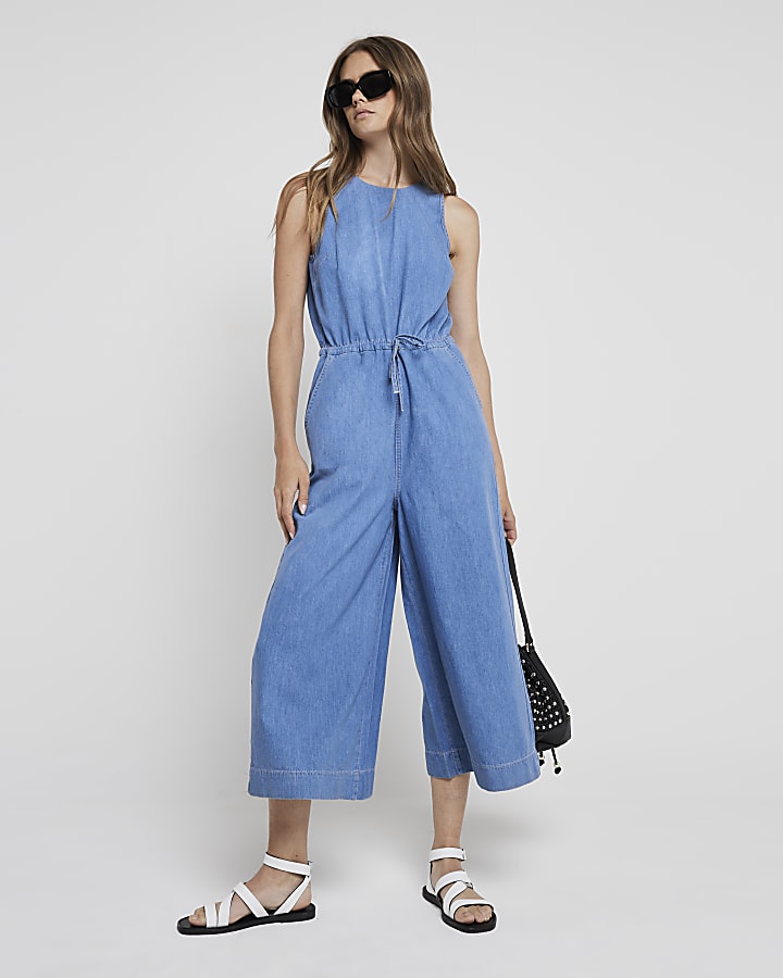 Blue denim crop jumpsuit