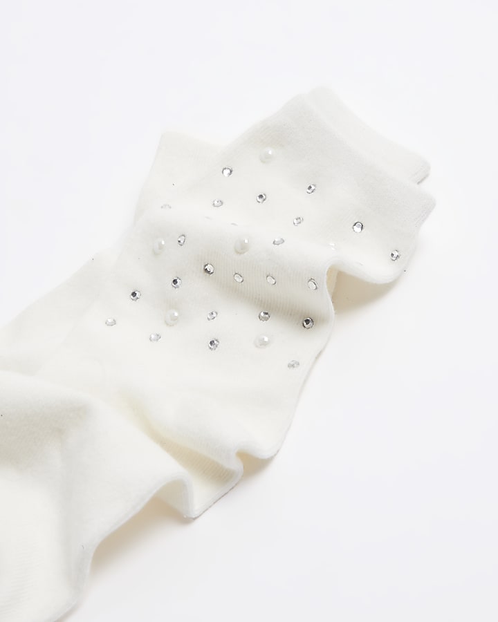 Cream pearl embellished socks