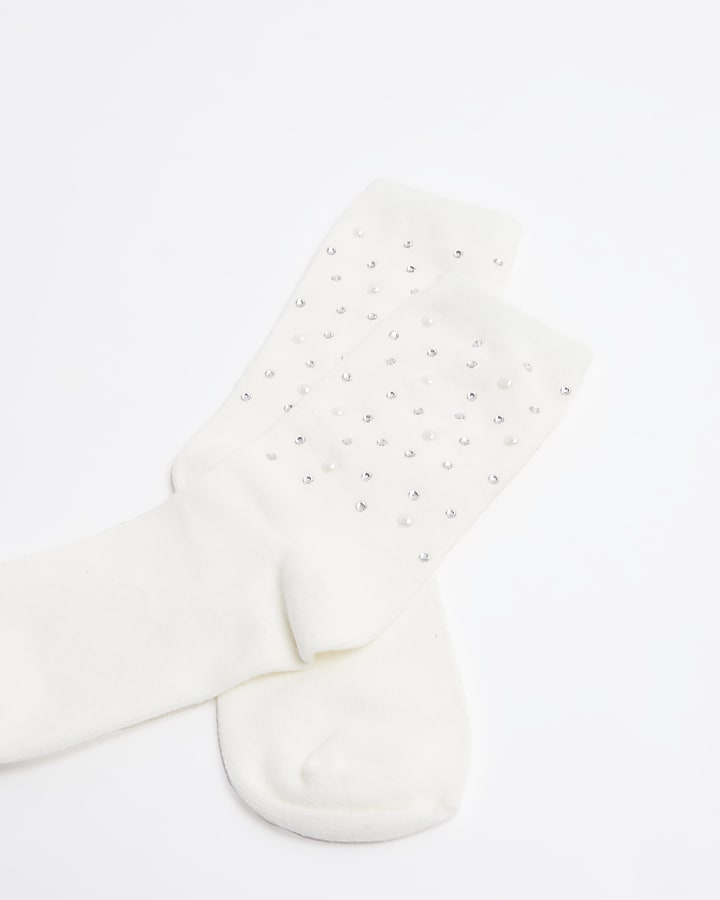 Cream pearl embellished socks