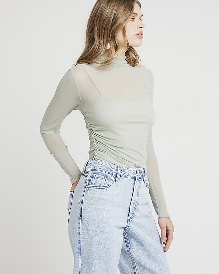 Green Mesh Ruched Long Sleeve Top