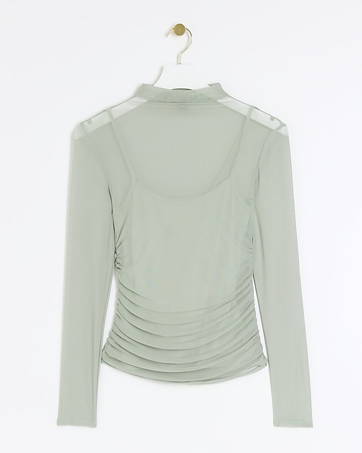 Green Mesh Ruched Long Sleeve Top