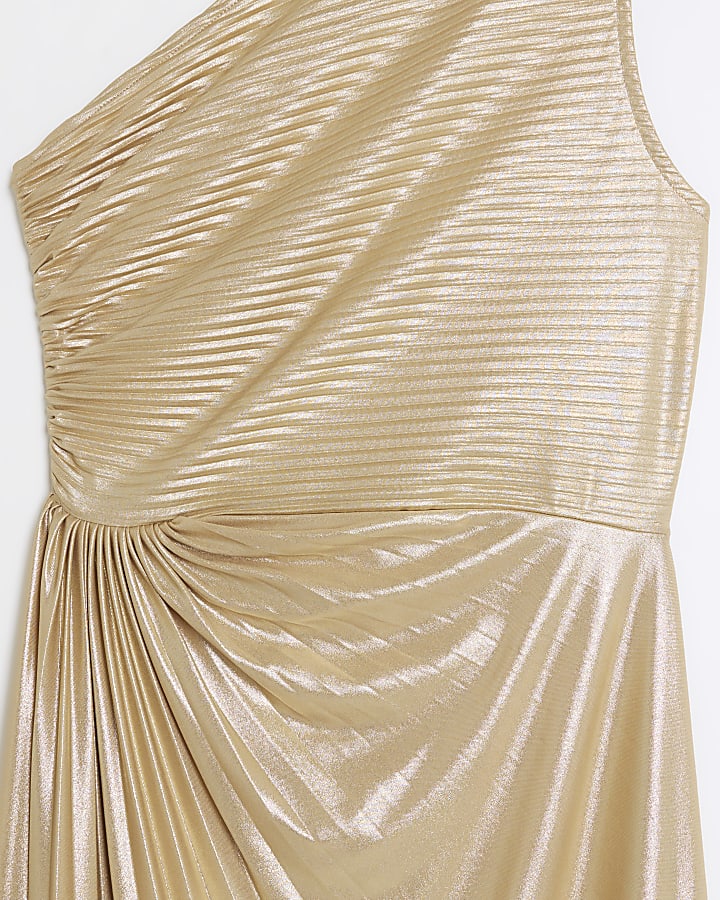 Gold ruched side asymmetric swing midi dress