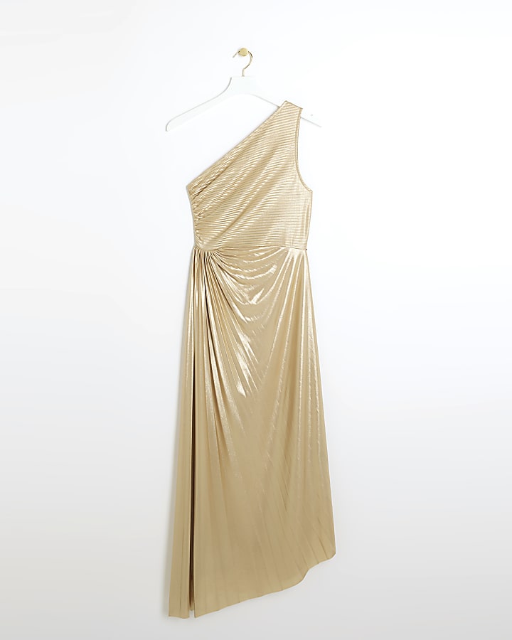 Gold ruched side asymmetric swing midi dress