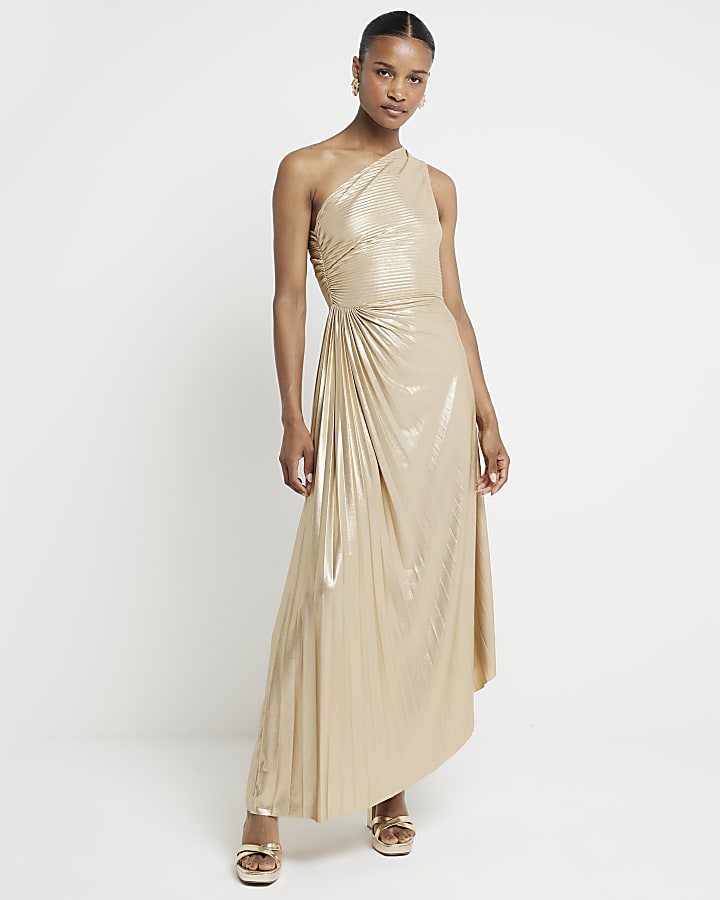 Gold ruched side asymmetric swing midi dress River Island