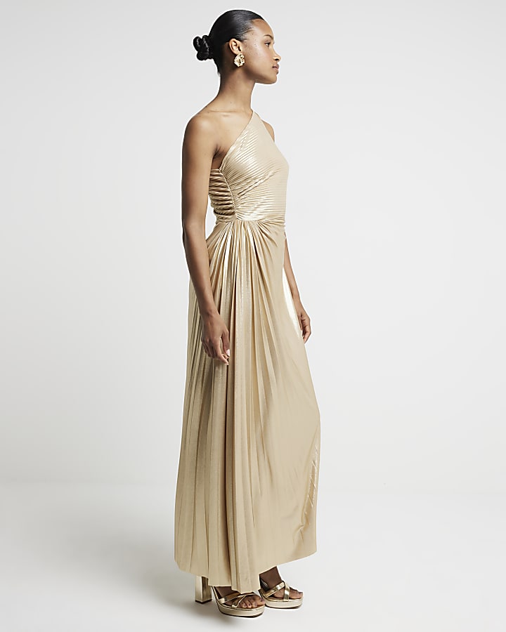 Gold ruched side asymmetric swing midi dress