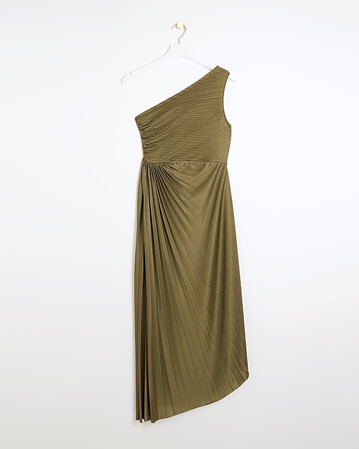 Khaki plisse asymmetric swing midi dress