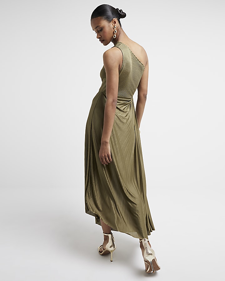 Khaki plisse asymmetric swing midi dress