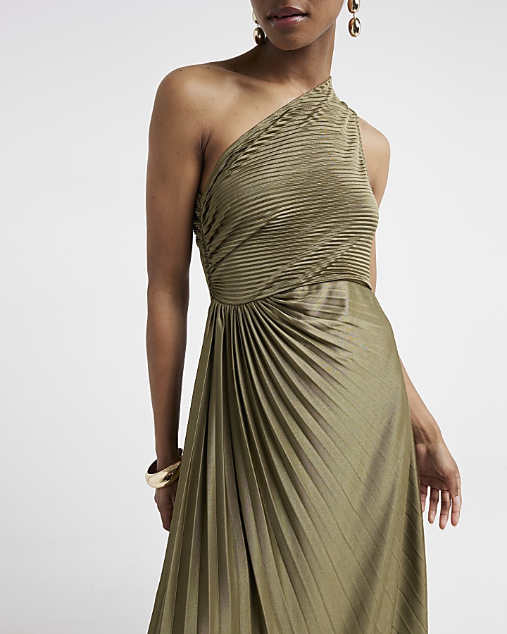 Khaki plisse asymmetric swing midi dress