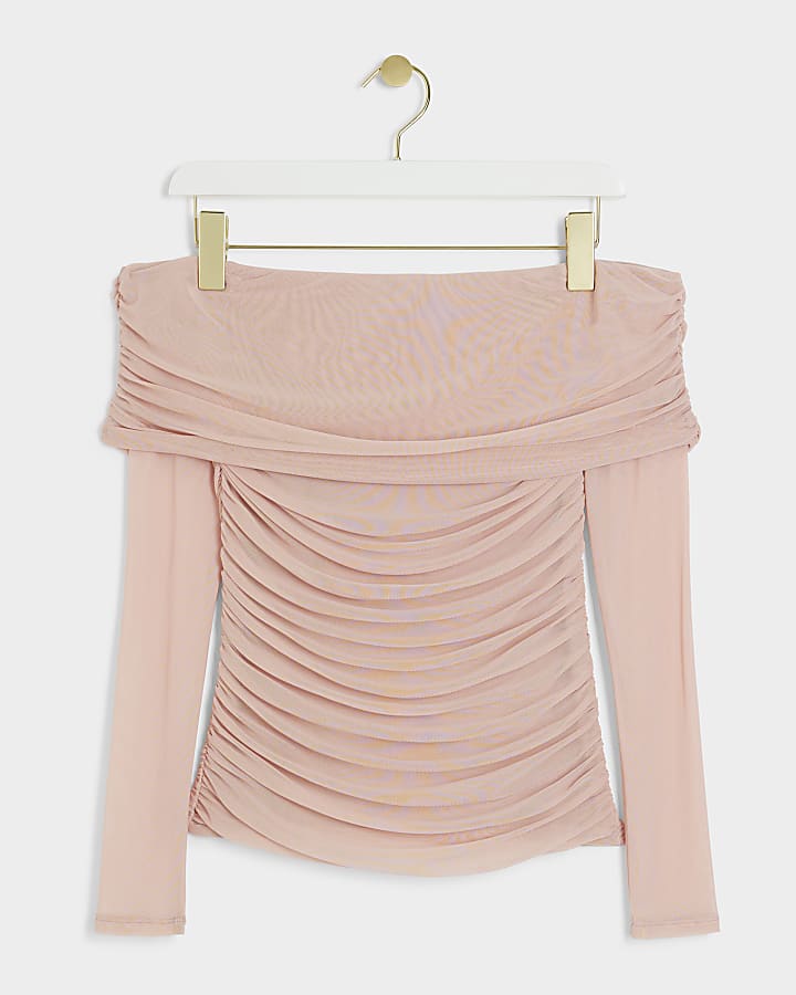 Pink Mesh Bardot Long Sleeve Top