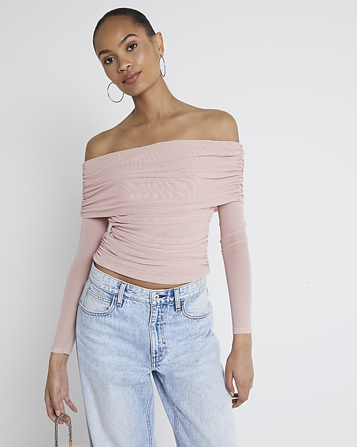 Pink Mesh Bardot Long Sleeve Top