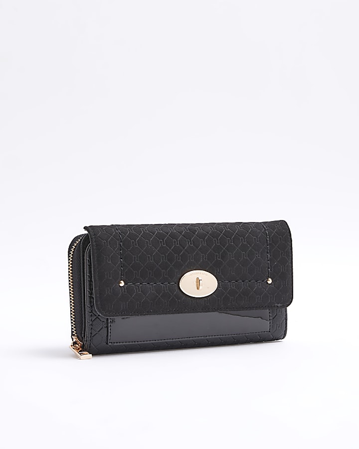 Black embossed RI monogram lock purse