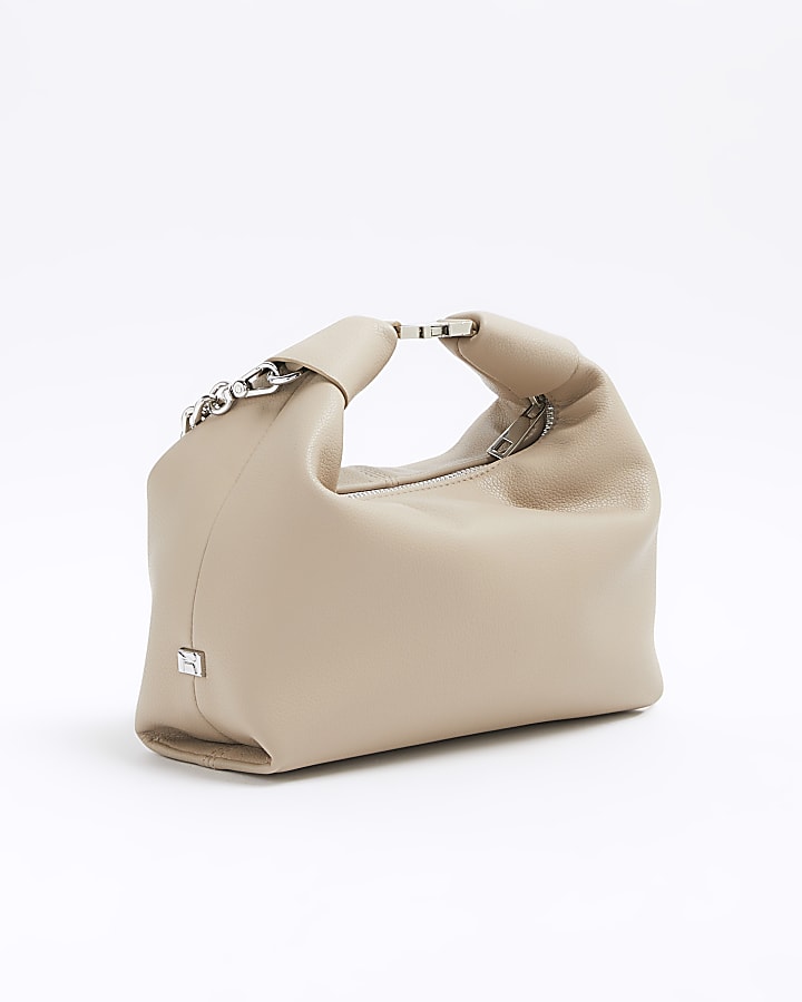 Beige Buckle Handle Chain Clutch Bag