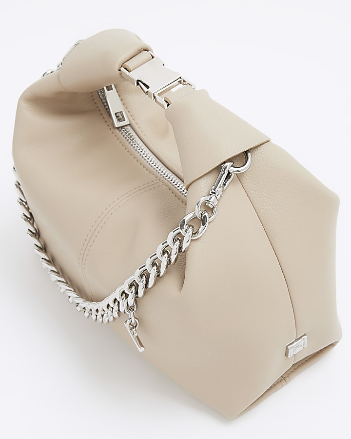 Beige Buckle Handle Chain Clutch Bag