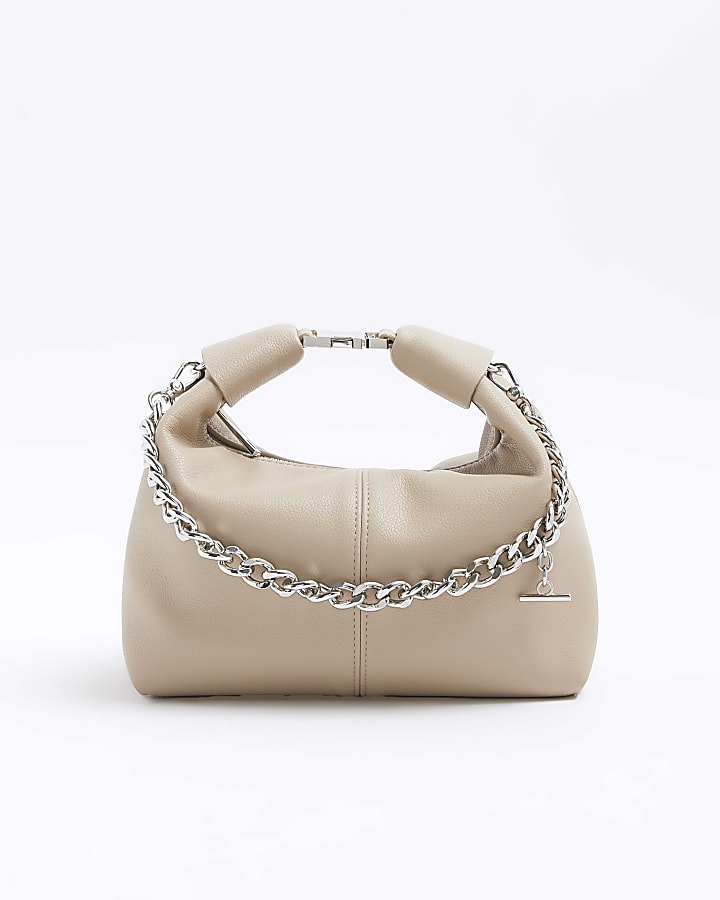 Beige Buckle Handle Chain Clutch Bag