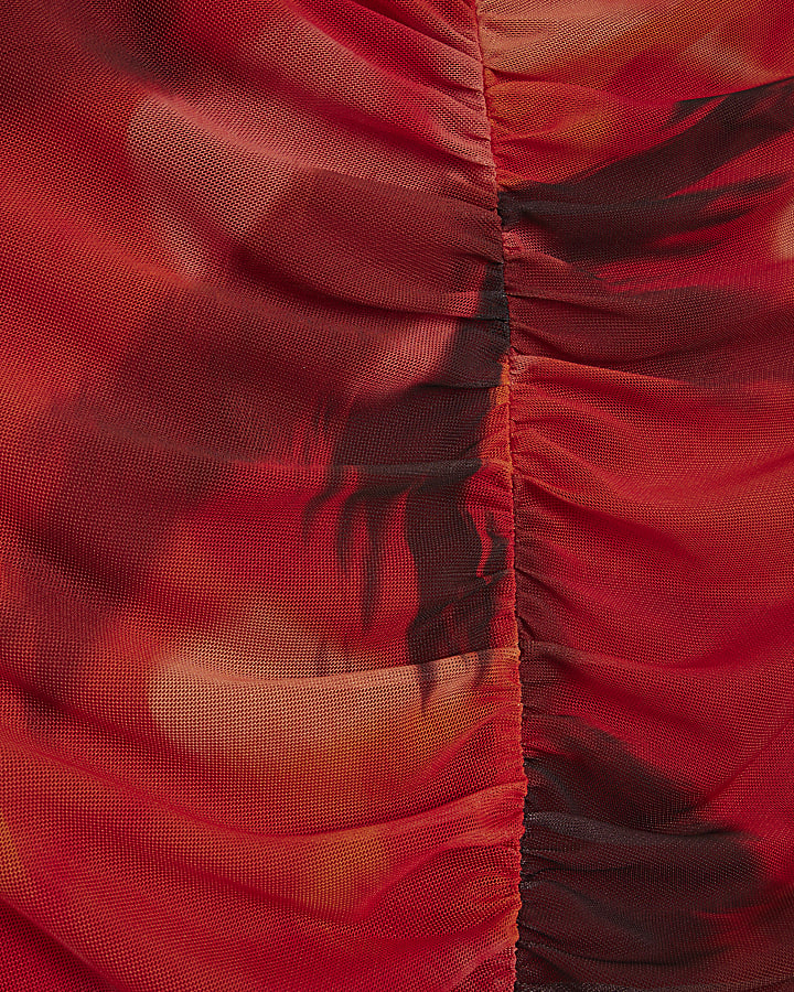 Red abstract print Ruched Tank Top