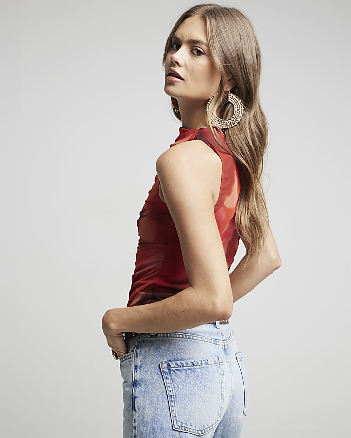 Red abstract print Ruched Tank Top