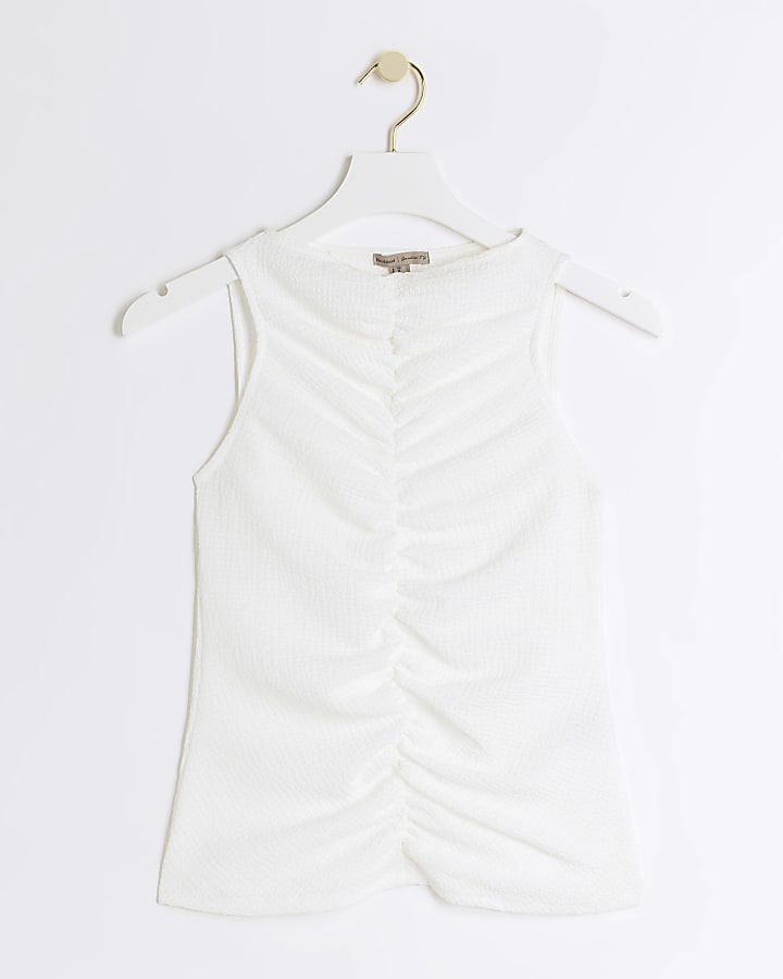 White textured ruched tank top