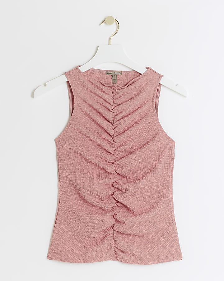 Pink textured ruched tank top