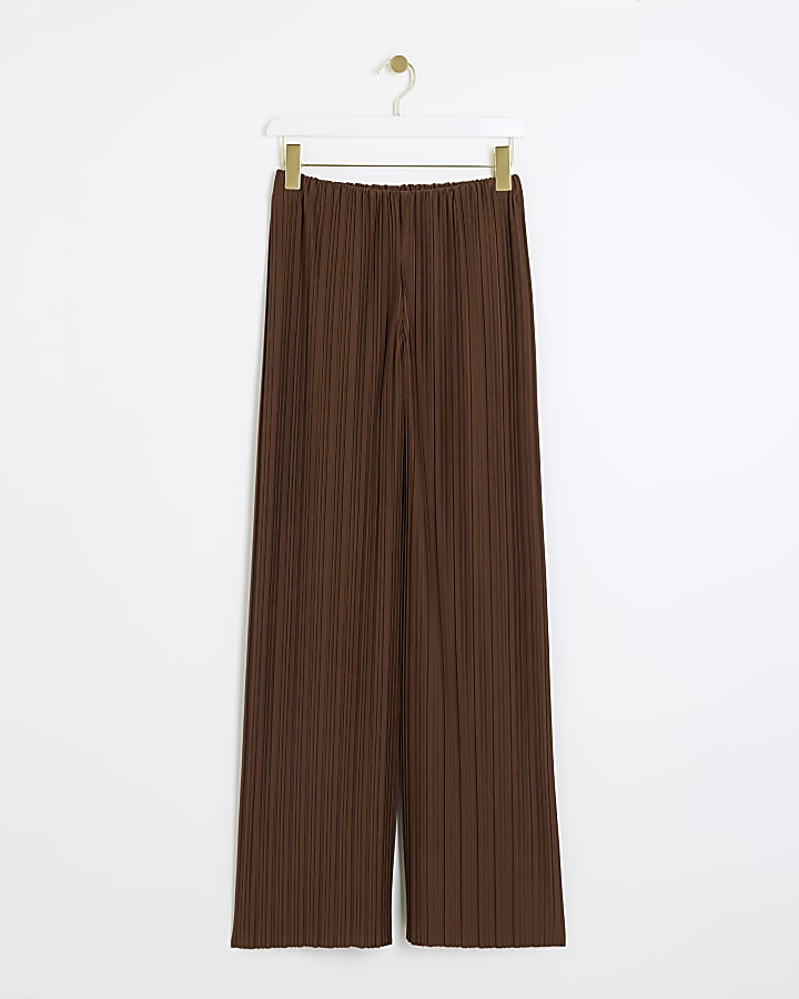 Brown Plisse Wide Leg Trousers