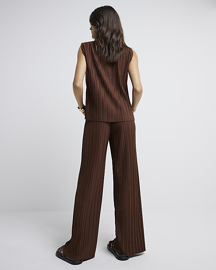 Brown Plisse Wide Leg Trousers