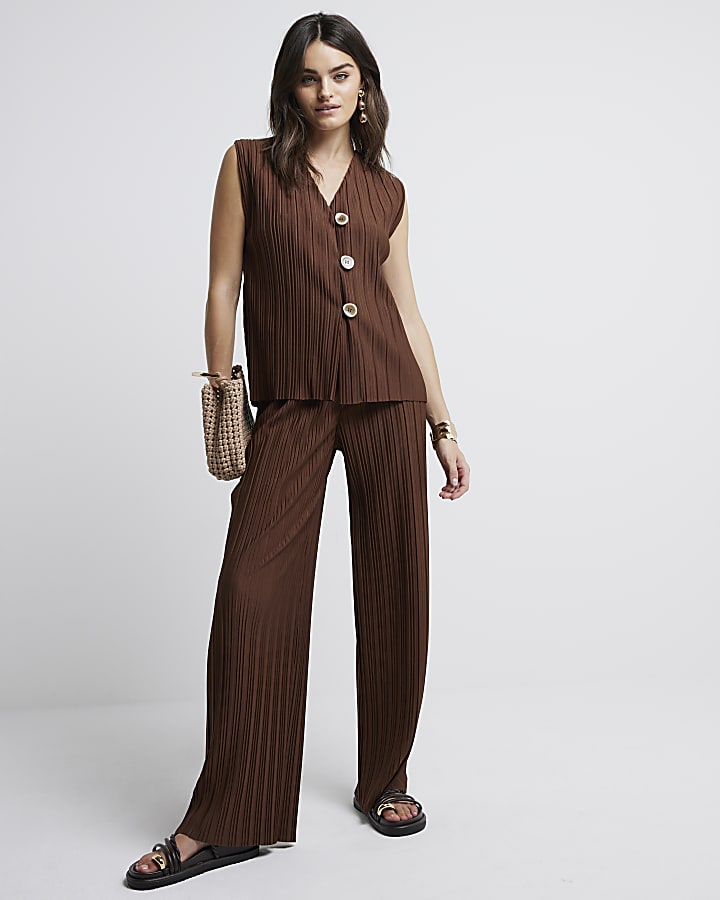 Brown Plisse Wide Leg Trousers