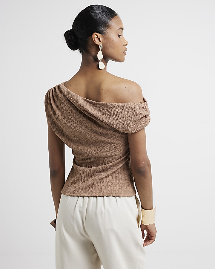 Brown Textured One Shoulder Drape Top
