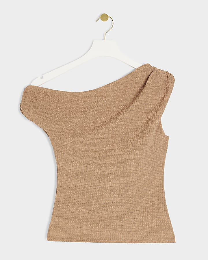 Brown Textured One Shoulder Drape Top