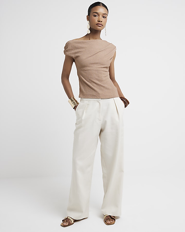 Brown Textured One Shoulder Drape Top