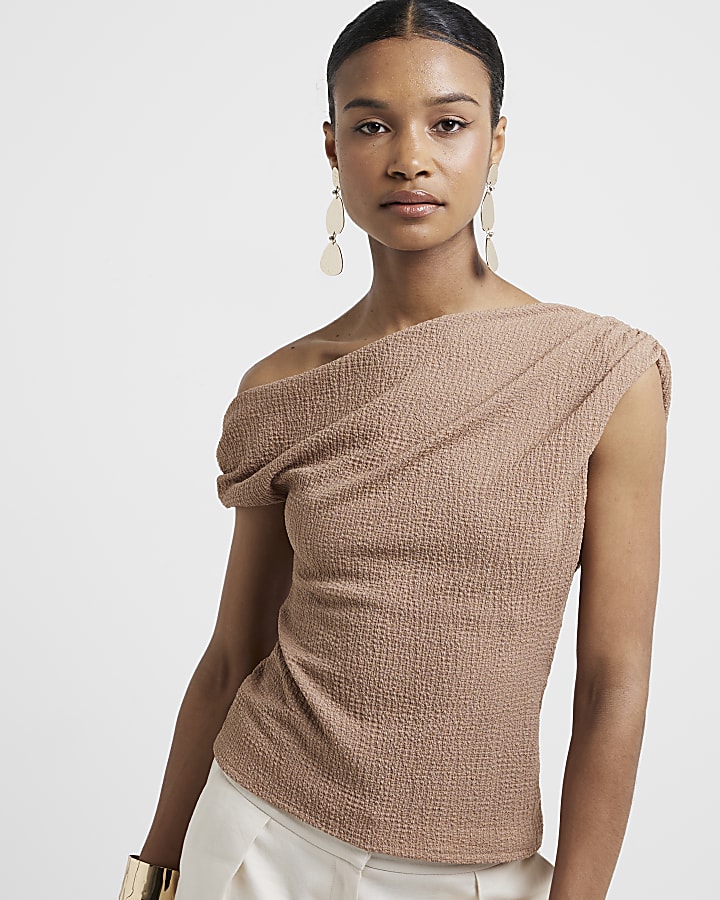 Brown Textured One Shoulder Drape Top