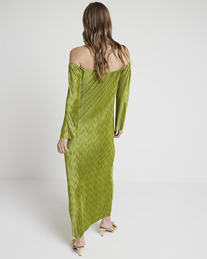 Green plisse wave bardot bodycon maxi dress