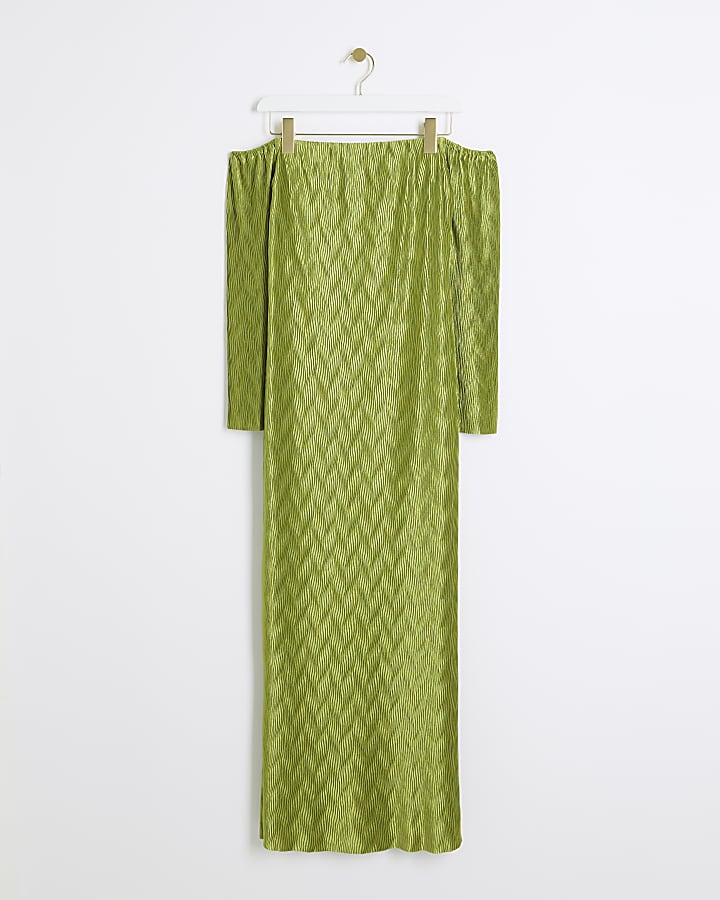 Green plisse wave bardot bodycon maxi dress