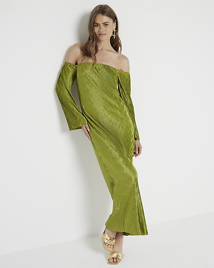 Green plisse wave bardot bodycon maxi dress