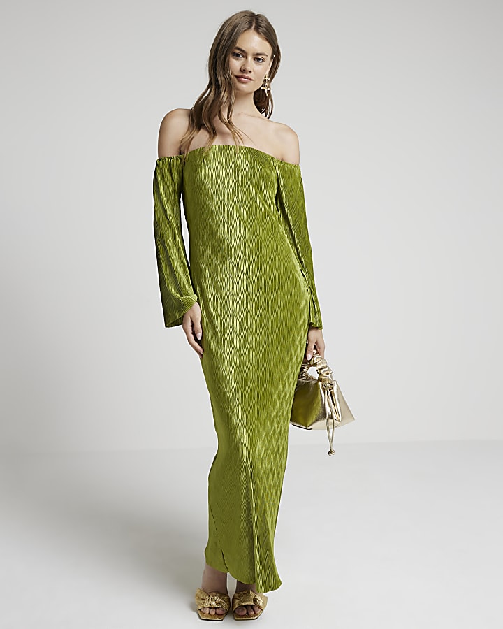 Green plisse wave bardot bodycon maxi dress