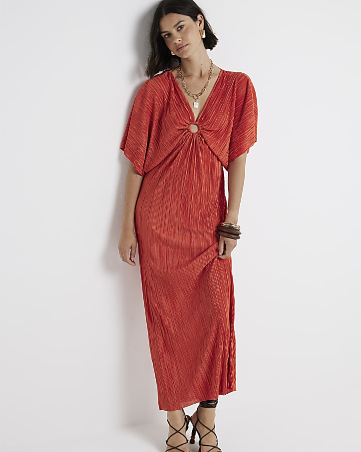 Orange plisse batwing sleeve swing maxi dress